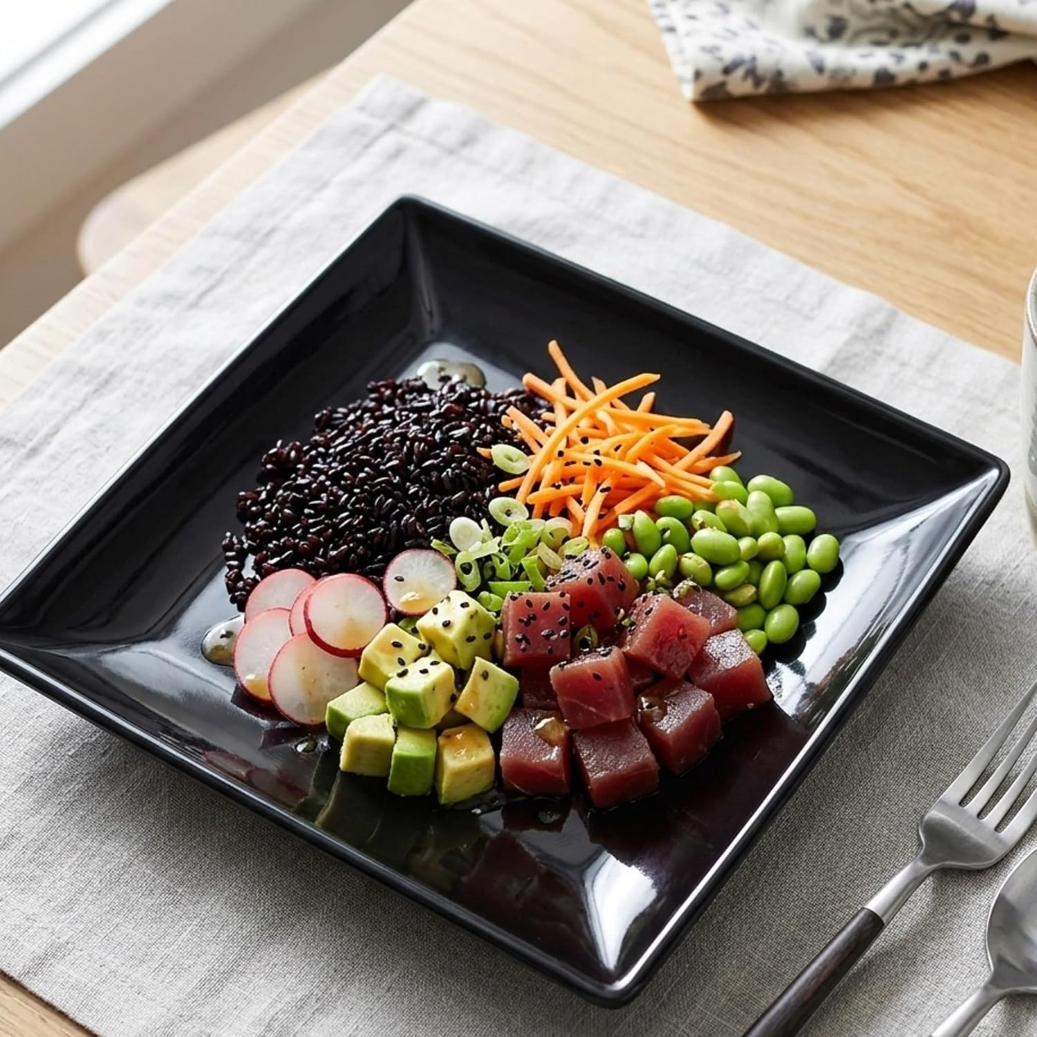 TrueCraftware- 10' x 10' Square Plate Classic Black Dinnerware Melamine Set of 12- Dishwasher Safe Reusable Dinner Plates Durable Lightweight Dinnerware for Dinner Dishes