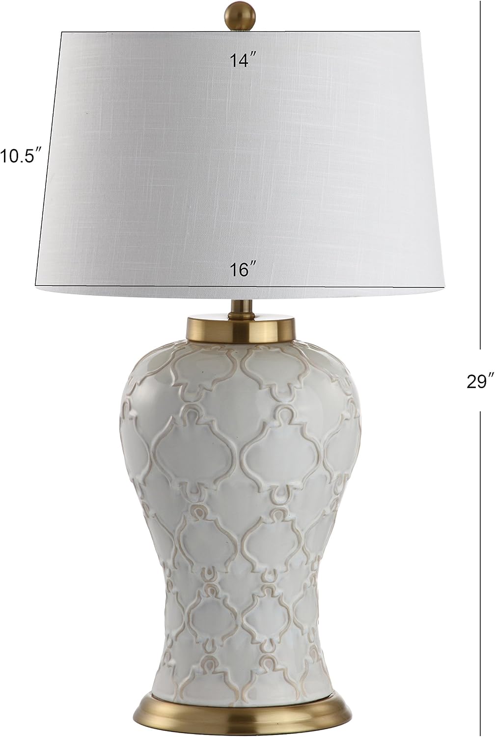 JONATHAN Y 29' Cream Textured Ceramic Table Lamp, Transitional Quatrefoil Trellis Design with White Linen Drum Shade and Brass Accents for Living Room, LED Bulb Included JYL4024A