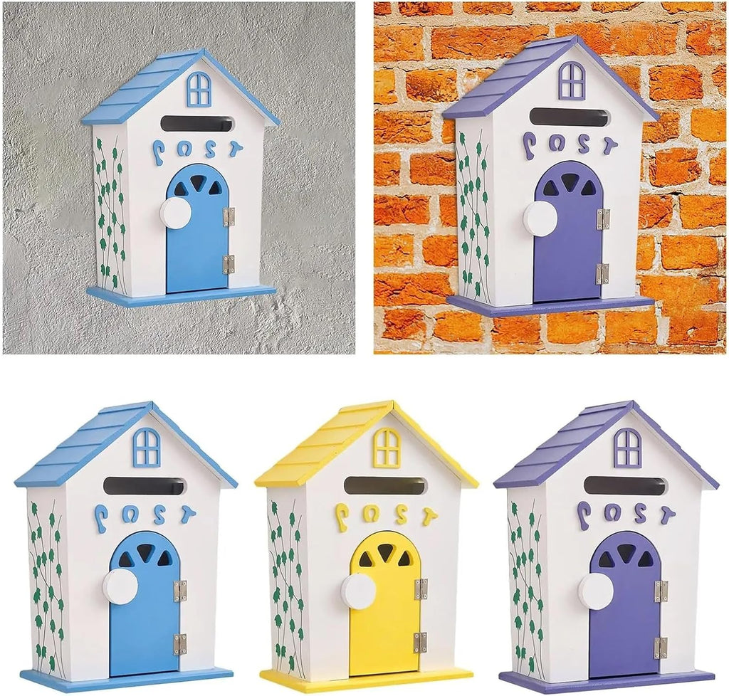 Wall Mount Mailbox Garden Wooden Post Box Rustic Sturdy Farmhouse Letter for Home Office(Yellow)