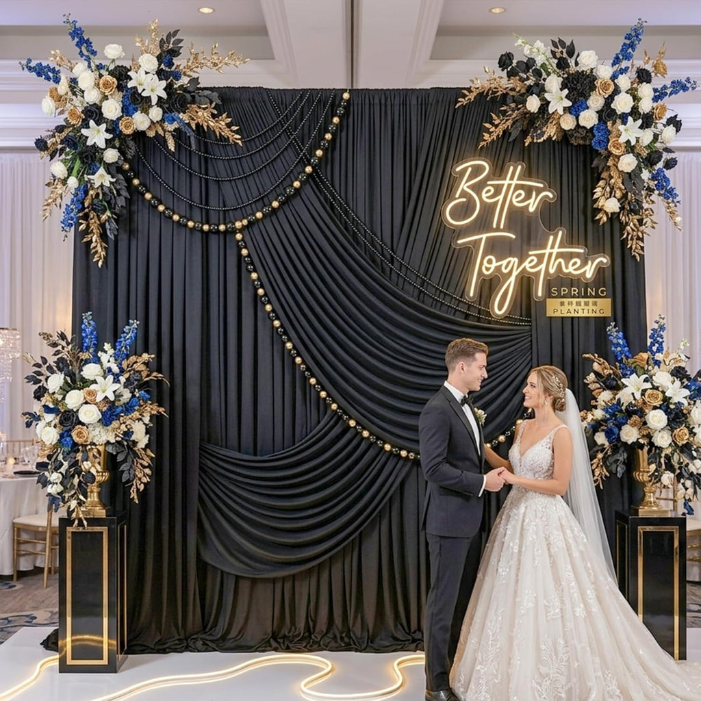Black Backdrop Curtain for Parties, 10 Panels Wrinkle Free Polyester Photo Backdrop Drapes for Weddings Birthday Anniversary Graduation Stage Photography Background Curtains Bulk, 50 ft x 10 ft
