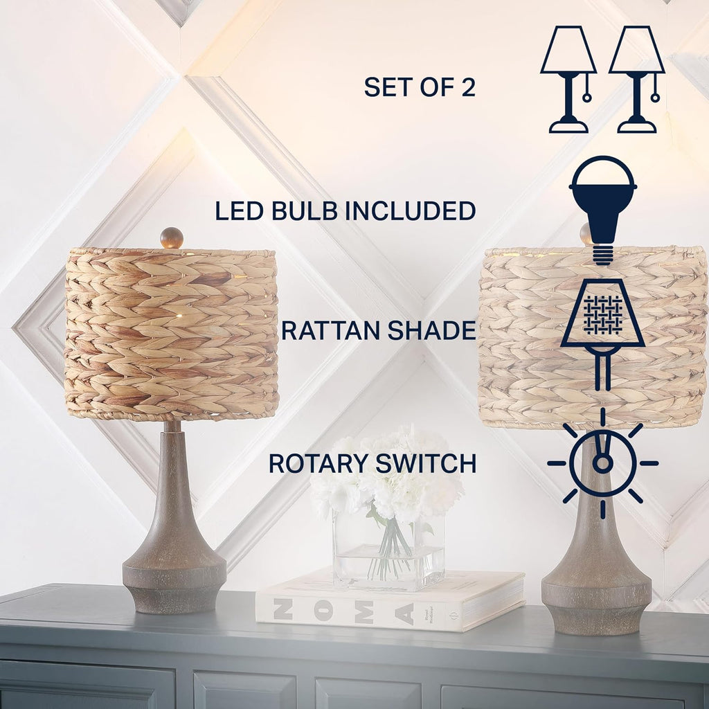JONATHAN Y 21' Brown Wood Finish Resin Gourd Table Lamp Set of 2, Rustic Farmhouse Handwoven Water Hyacinth Shade, Southwestern Bedside Lamp for Bedroom, LED Bulbs Included JYL4051A-SET2