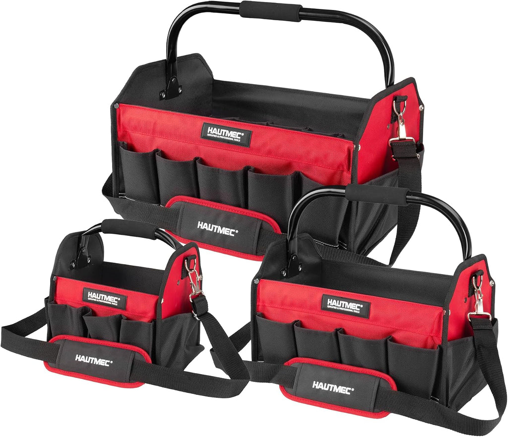 HAUTMEC 3PCS Heavy-Duty Tool Tote Bag Set, 1680D Rigid Frame Tool Bags with Foldable Handle & Padded Shoulder Strap, Water-Resistant Hard Base, Multi-Pocket Tool Box Organizer – HTTBH25052