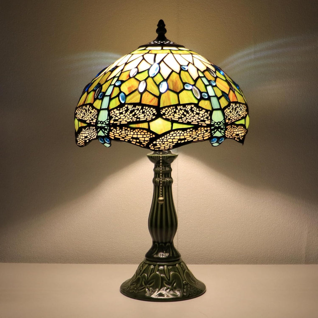 Tiffany Lamp Stained Glass Table Lamps Amber White Dragonfly Style Desk Lamp 12X12X18.5 Inch Bronze Ceramic Base Reading Light Suitable for Bedside Bedroom Living Room Dining Room Office