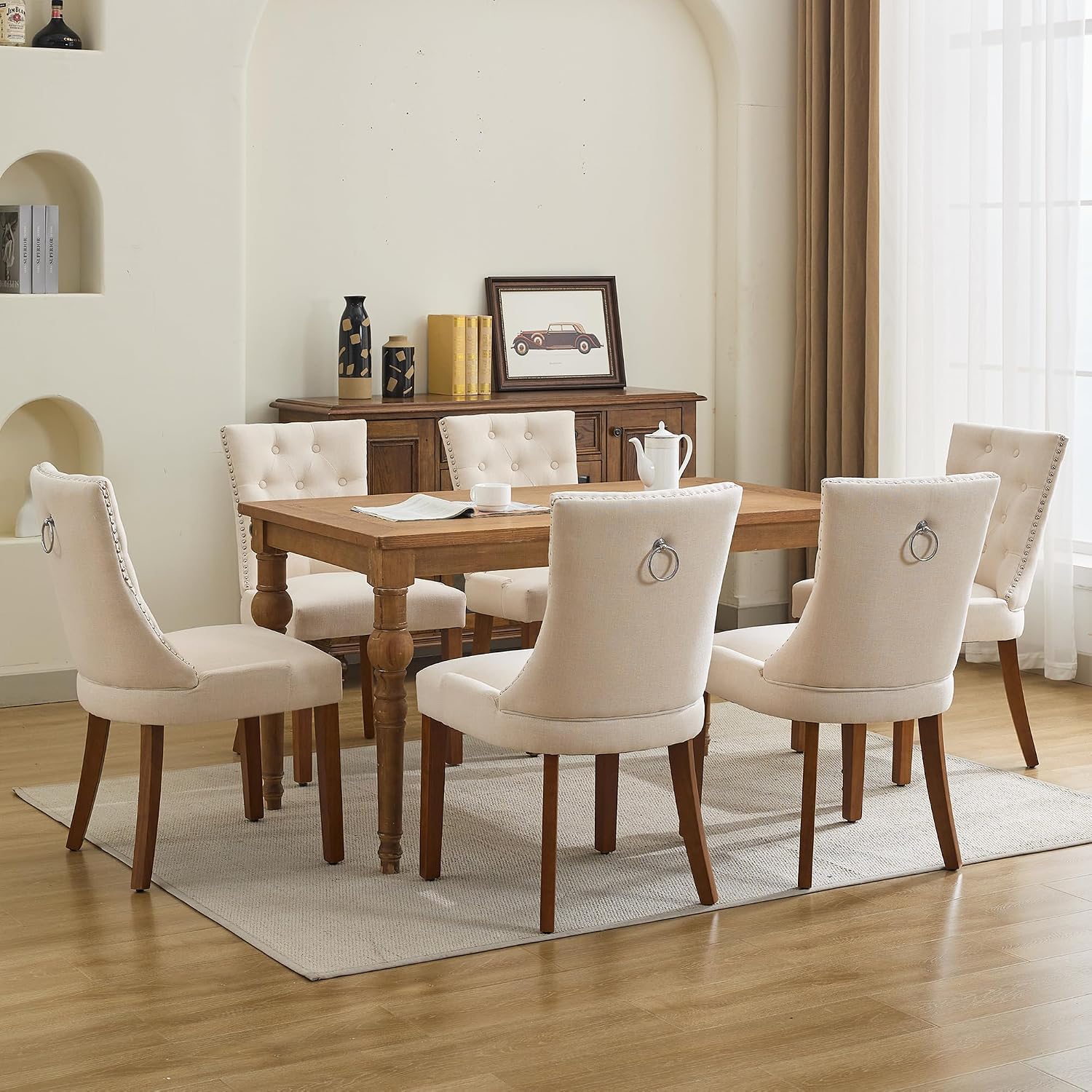 adochr Dining Chairs Set of 6, Modern Mid Century Kitchen Chairs with Wooden Legs & Linen Fabric Back, Dining Room Chairs with Pull Rings & Nailhead Trim, Beige