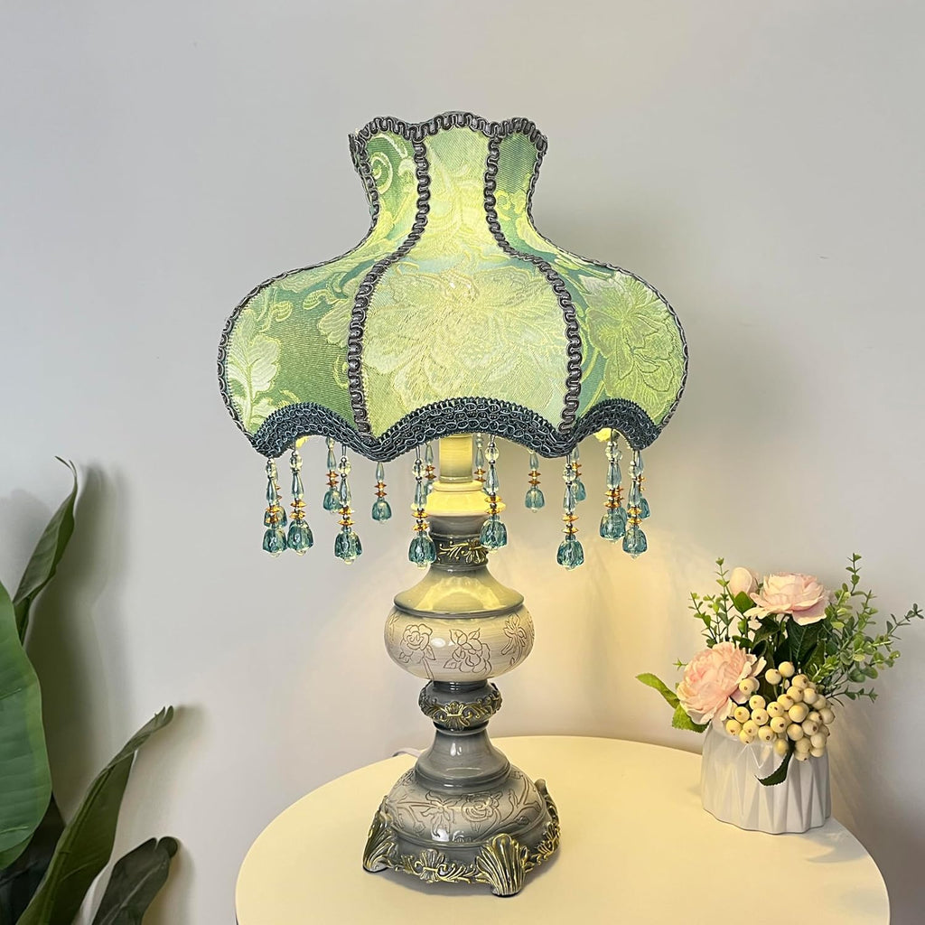 Victorian Style Blue Table Lamp, Flower Decorative Bedside Desk Lamp with Bead Curtain, Resin Base, Elegant Night Light for Bedroom Nightstand
