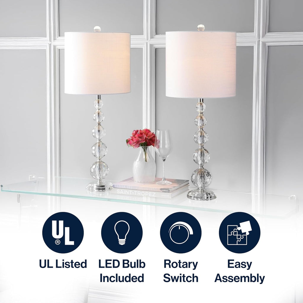 JONATHAN Y 28.5' Clear Crystal Faceted Orb Table Lamp Set of 2, Modern Glam Chrome Bedside Lamps for Living Room, White Linen Drum Shade, UL Listed, LED Bulbs Included JYL5002A-SET2