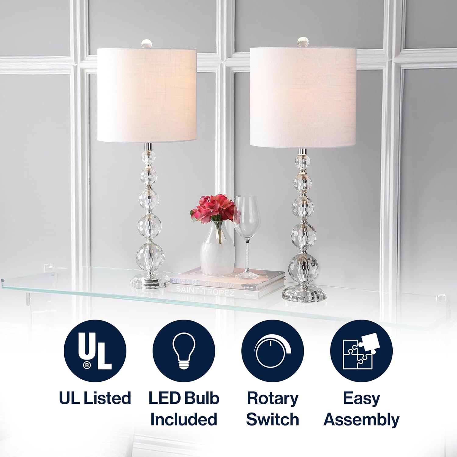 JONATHAN Y 28.5' Clear Crystal Faceted Orb Table Lamp Set of 2, Modern Glam Chrome Bedside Lamps for Living Room, White Linen Drum Shade, UL Listed, LED Bulbs Included JYL5002A-SET2