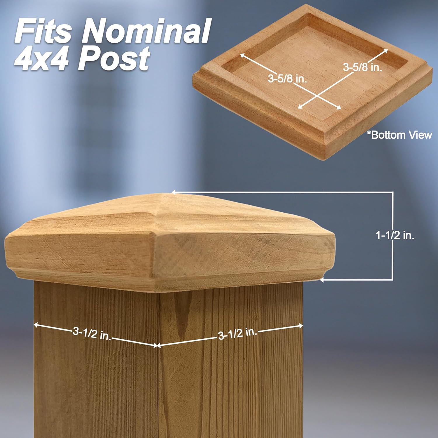 3.5' x 3.5' Wood ONE-Piece Slip Over Post Cap - Traditional Pyramid - 24 Pack - One-Piece Miterless - 3/8' Extended Lip - (for 4x4 Post Measuring 3-1/2' x 3-1/2')