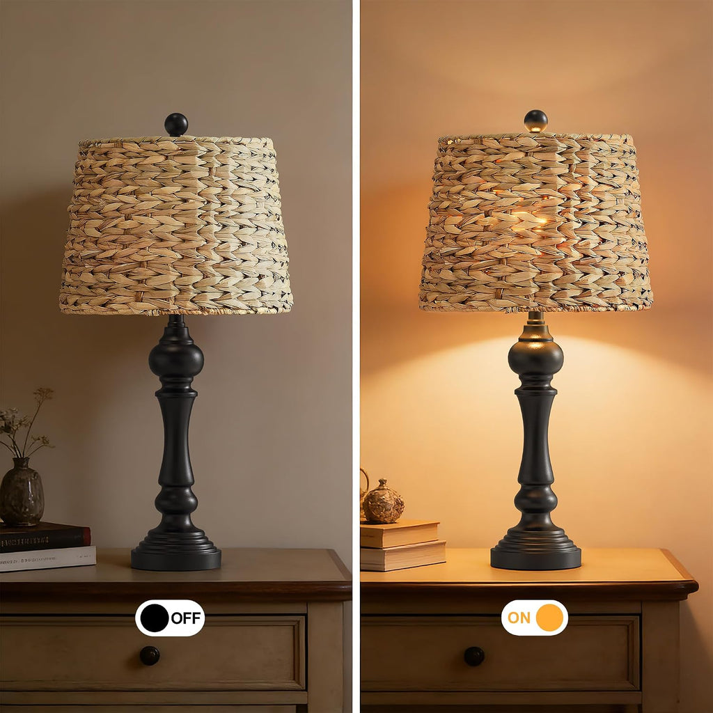 Maxax 26' Boho Rattan Table Lamps for Bedroom Set of 2, Coastal Bedside Lamps with Rattan Shade, Black Farmhouse Wicker Lamps, Rustic Resin Nightstand Lamps for Living Room