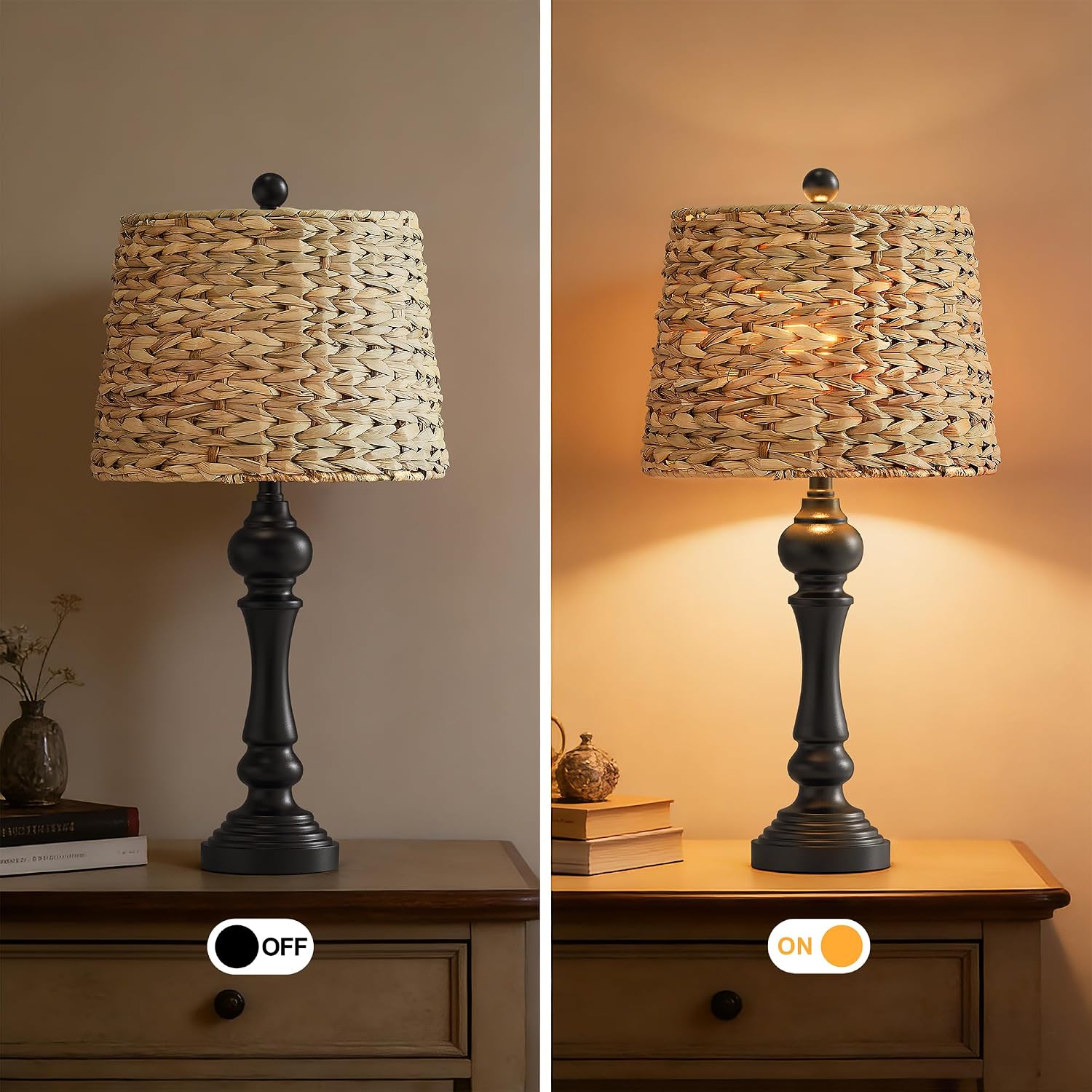 Maxax 26' Boho Rattan Table Lamps for Bedroom Set of 2, Coastal Bedside Lamps with Rattan Shade, Black Farmhouse Wicker Lamps, Rustic Resin Nightstand Lamps for Living Room