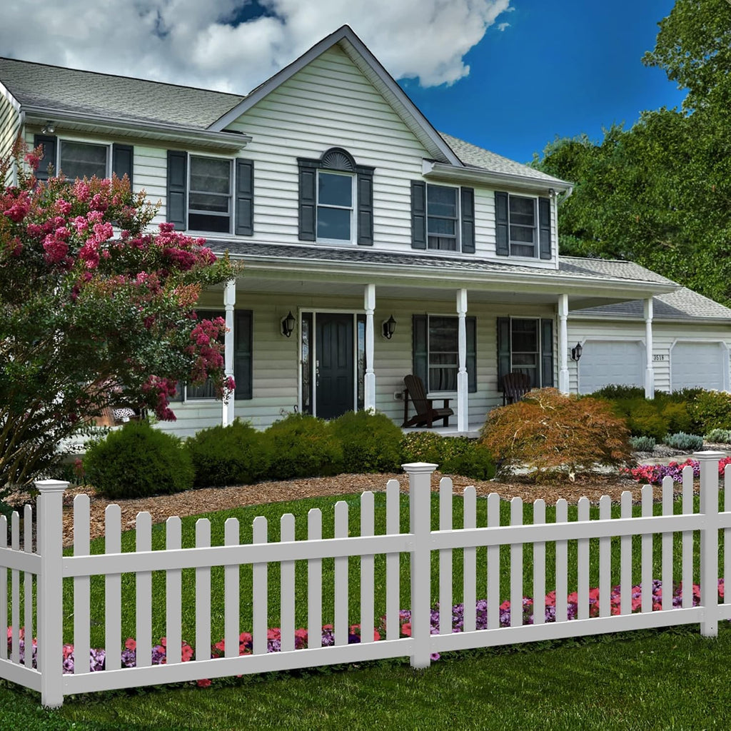 3.5ft H x 6ft W (1 Panel + 1 Post) No Dig WamBam All American Scallop Top Fence Kit, White Vinyl Picket Fence, Easy Install Outdoor Barrier for Backyard or Patio, DIY Decorative Garden Border, ZP19041
