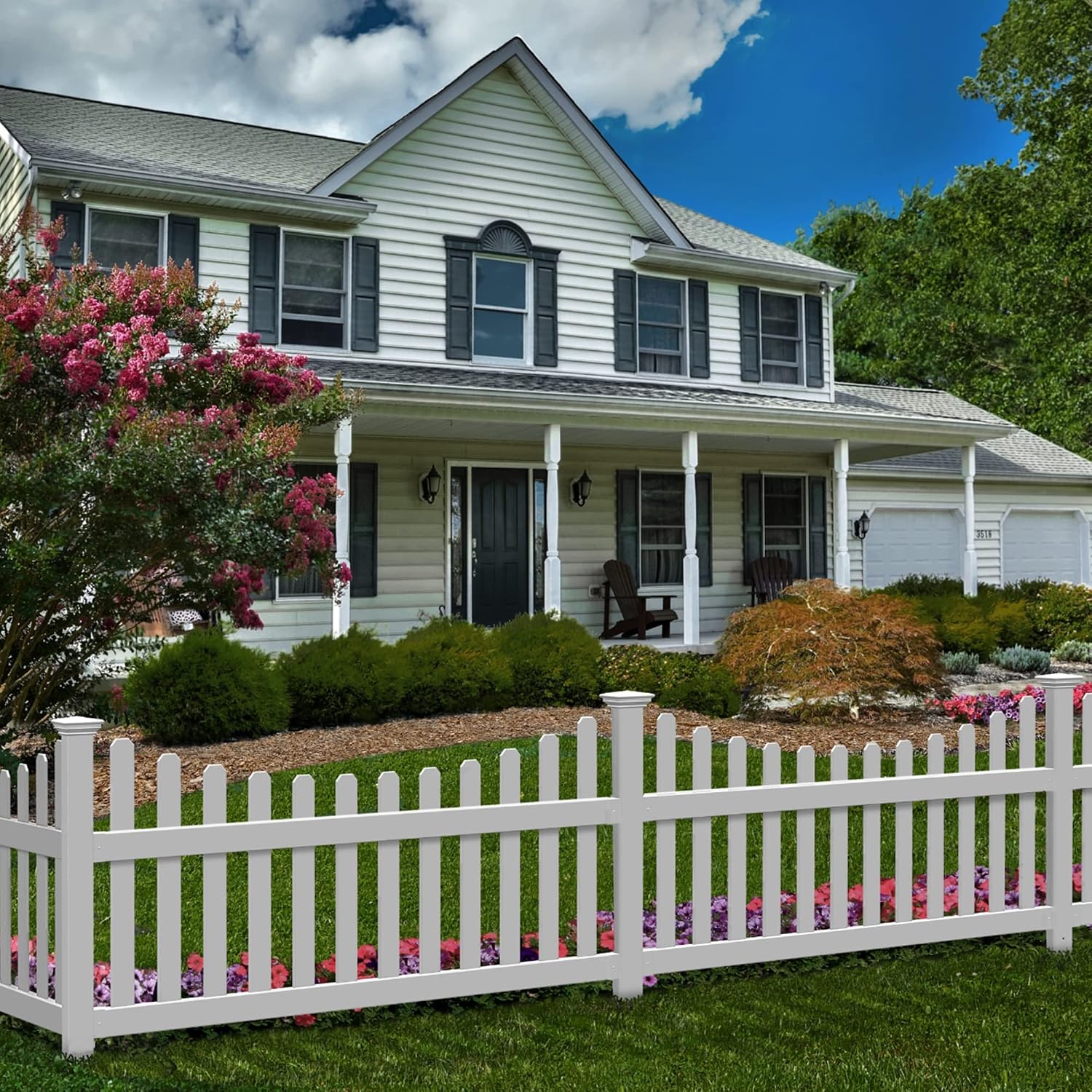 3.5ft H x 6ft W (1 Panel + 1 Post) No Dig WamBam All American Scallop Top Fence Kit, White Vinyl Picket Fence, Easy Install Outdoor Barrier for Backyard or Patio, DIY Decorative Garden Border, ZP19041
