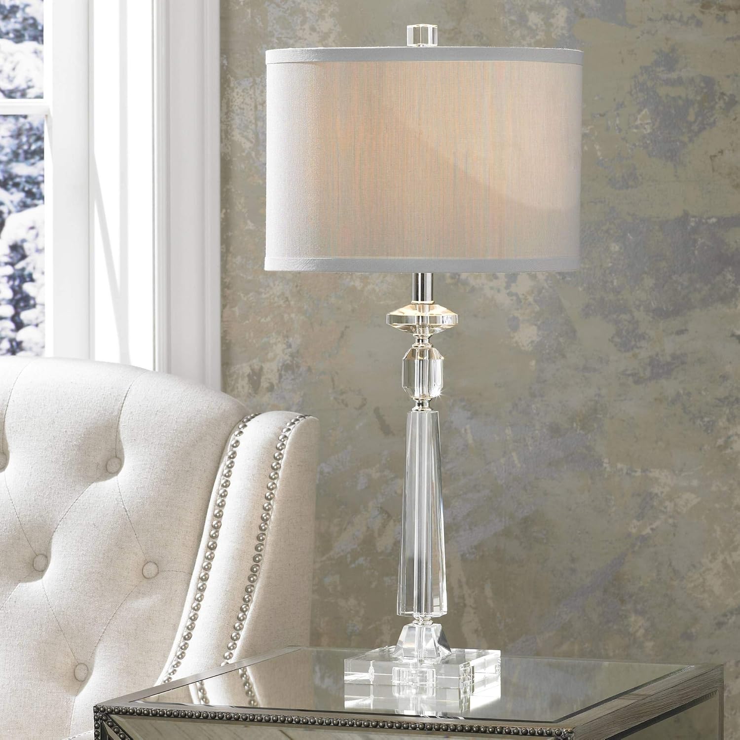 Vienna Full Spectrum Aline 26 1/2' Tall Traditional Table Lamp Clear Crystal Single Gray Shade Living Room Bedroom Bedside Nightstand House Office Home Reading Kitchen Entryway Console Family