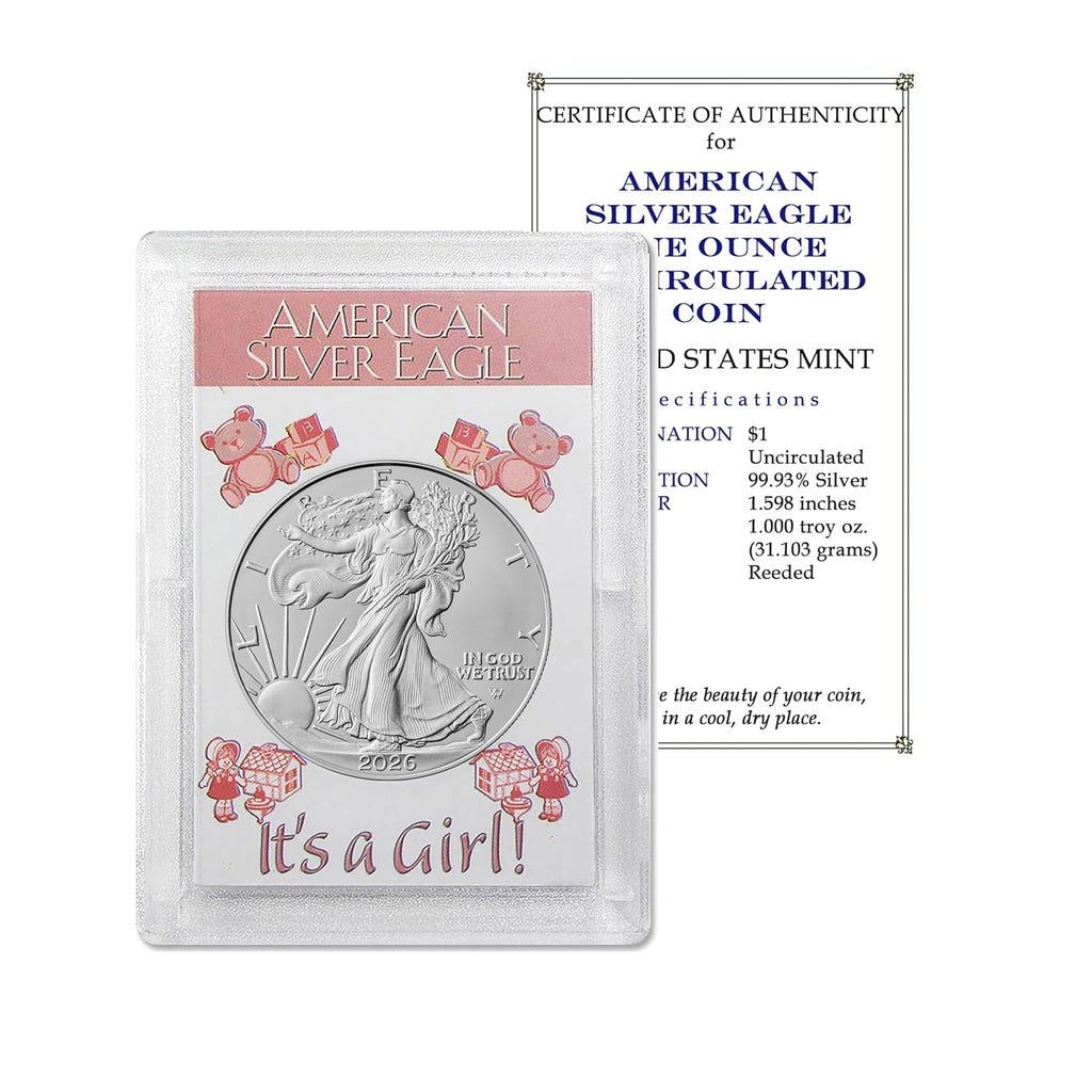 2026 U.S. Silver Eagle 1 oz Brilliant Uncirculated in 'It's a Girl' Holder with our Smyrnacoin Certificate of Authenticity Dollar Uncirculated US Mint