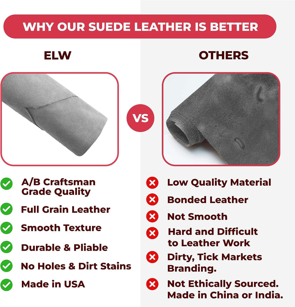 ELW Premium Suede Cowhide 2-4 oz (1-1.6mm) - Soft Full Grain Pre-Cut Side Leather - (2-4 SQ FT 4 PCS,Light Grey) - USA Made Silky Buffed Suede Fabric Leather for Car Upholstery, Garments, Furniture
