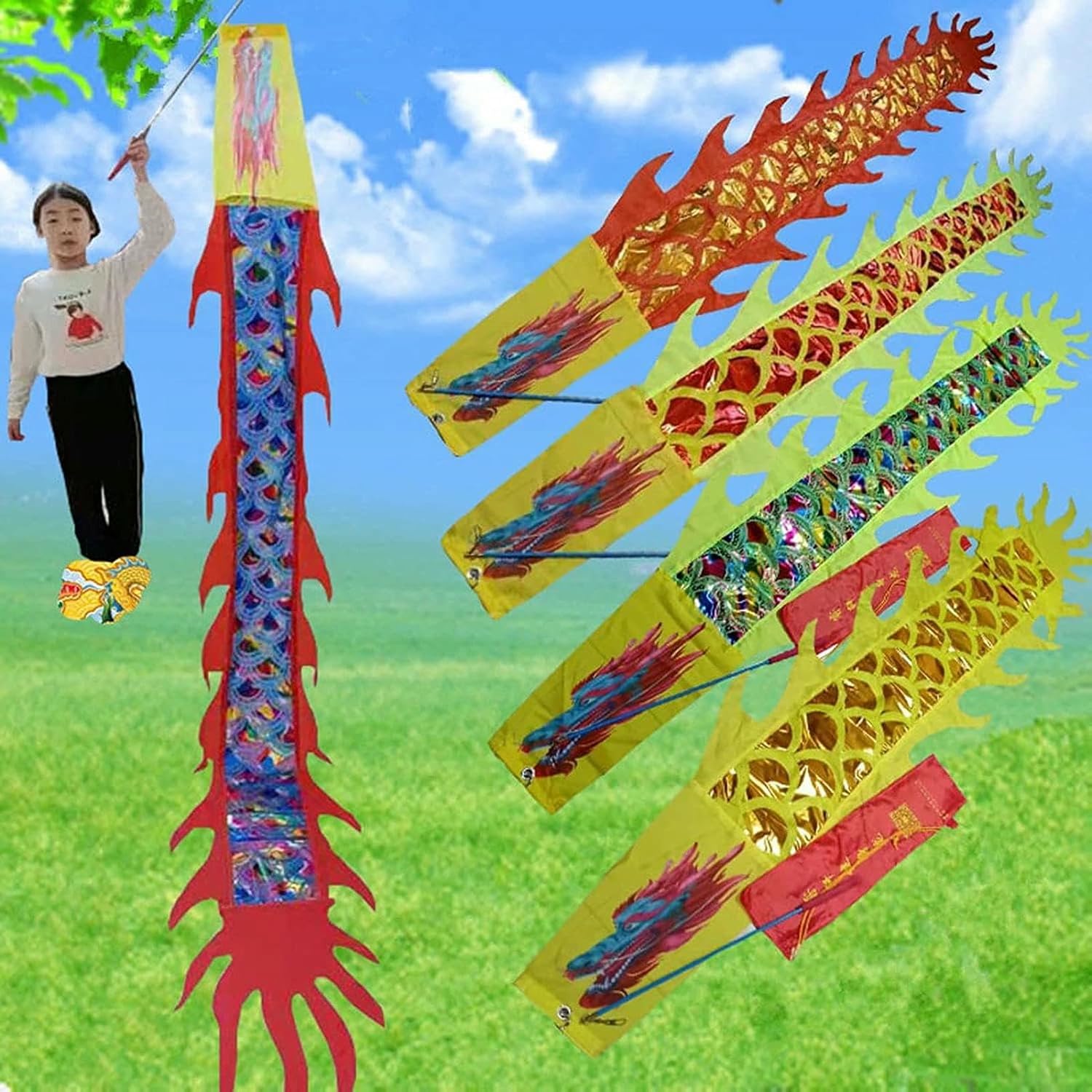 Chinese Silk Dragon Dance 3D Dragon and Lion Dance Props Dragon Ribbon Streamer Rod+Silk Cloth 3D Dragon Ribbon Streamer