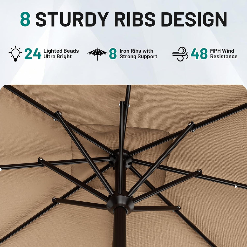 AreShark 8' X 10' Rectangular Patio Umbrella with Solar Lights, Lighted Solar Umbrella with Crank, Outdoor Table Umbrella for Garden, Deck, Backyard, Pool and Beach, Beige