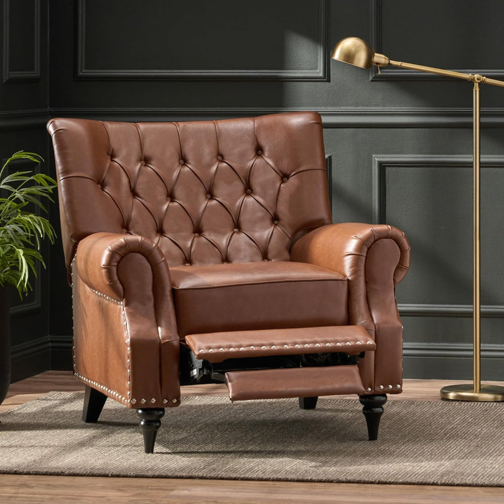 Classic Style Manual Push Back Chair with Exquisite Rivet Decor and Rolled Armrests, Ideal for Living Room Relaxation and Daily Seating (Light Brown + PU)