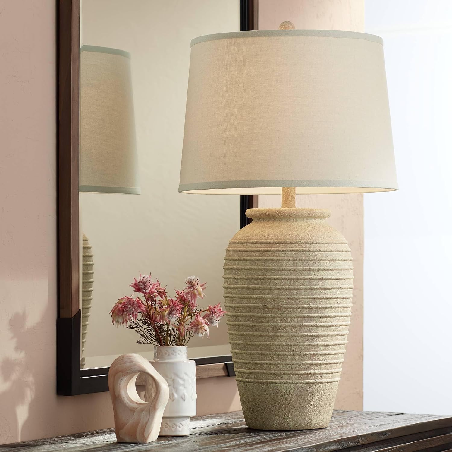 John Timberland Austin 28' Tall Jug Southwest Farmhouse Rustic Modern Table Lamps Set of 2 Sand Toned Ridged Finish Cream Shade Living Room Bedroom Bedside Nightstand House Office Home Kitchen