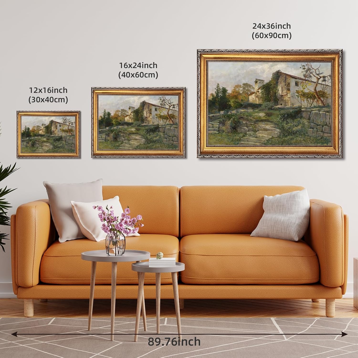 Large Framed Vintage European Countryside Village Wall Art Canvas Print Rustic Farmhouse Landscape Painting with Cottages Trees Pastoral Artwork Picture Decor for Living Room Bedroom Office 24X36inch