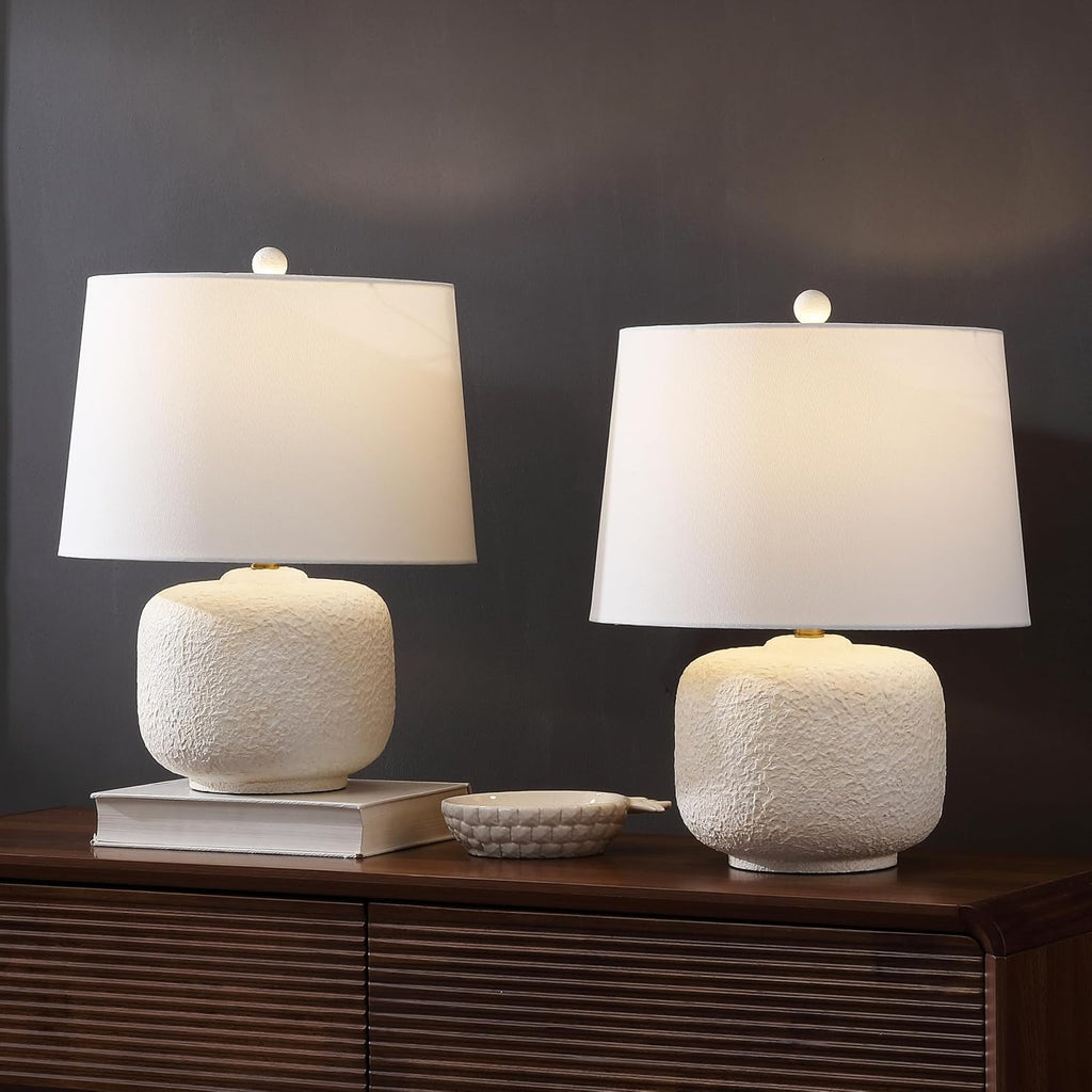 JONATHAN Y 20' Antique White Textured Resin Table Lamp Set of 2 for Bedroom, Coastal Farmhouse Nightstand Lamps for Living Room, White Linen Shade, LED Bulbs Included JYL9208A-SET2