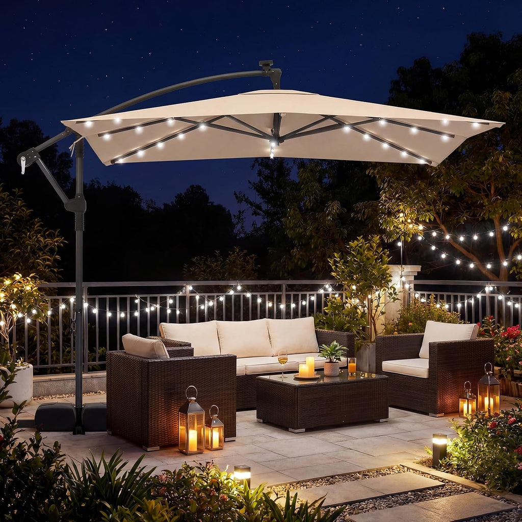 Tangkula 8x8 FT Solar Patio Umbrella with Base Included, Square Offset Cantilever Outdoor Umbrella with 360 Degree Rotation, 32 LED Lights, Crank Handle, 2 Sandbags, 8 Ribs, Air Vent for Pool Deck Garden Backyard