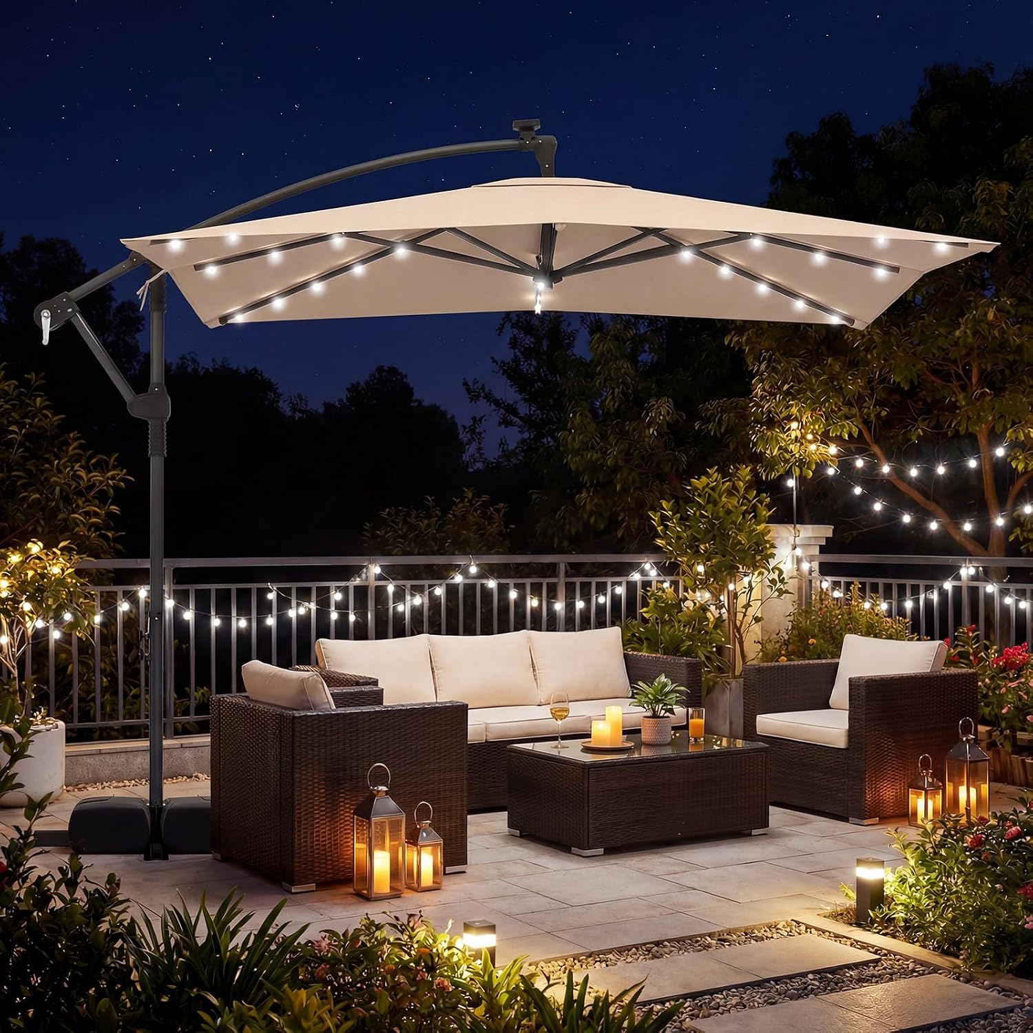 Tangkula 8x8 FT Solar Patio Umbrella with Base Included, Square Offset Cantilever Outdoor Umbrella with 360 Degree Rotation, 32 LED Lights, Crank Handle, 2 Sandbags, 8 Ribs, Air Vent for Pool Deck Garden Backyard