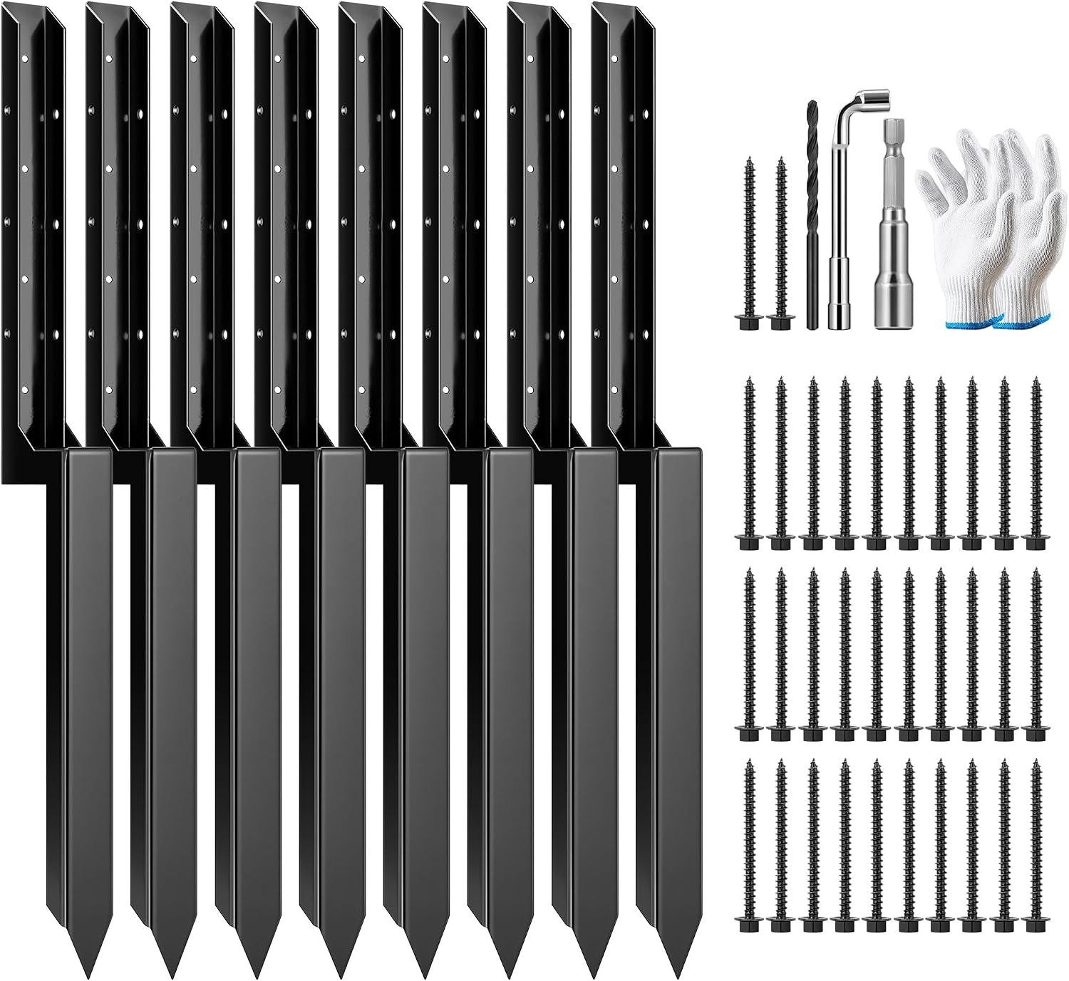 VIVOSUN Fence Post Repair Kit, Heavy-Duty Ground Spike with Gloves for Repairing Tilted or Broken Wood Posts (8 Pack, Black)
