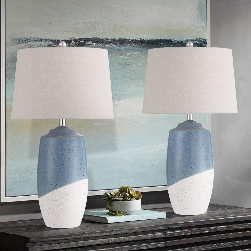 360 Lighting Aegean 28' Tall Coastal Modern Table Lamps Set of 2 Blue White Finish Ceramic Linen Beige Shade Living Room Bedroom Bedside Nightstand House Office Family Reading Kitchen Entryway