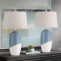 360 Lighting Aegean 28' Tall Coastal Modern Table Lamps Set of 2 Blue White Finish Ceramic Linen Beige Shade Living Room Bedroom Bedside Nightstand House Office Family Reading Kitchen Entryway