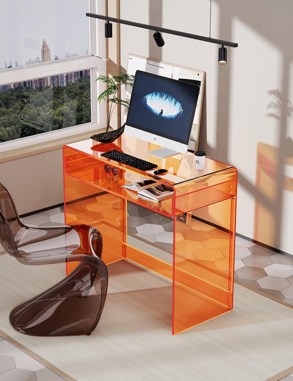 Acrylic Desk Laptop Study Table Home Office Console Table Entrance Tables, 33.5'' x 15.7'' x 29.5'' (Orange)