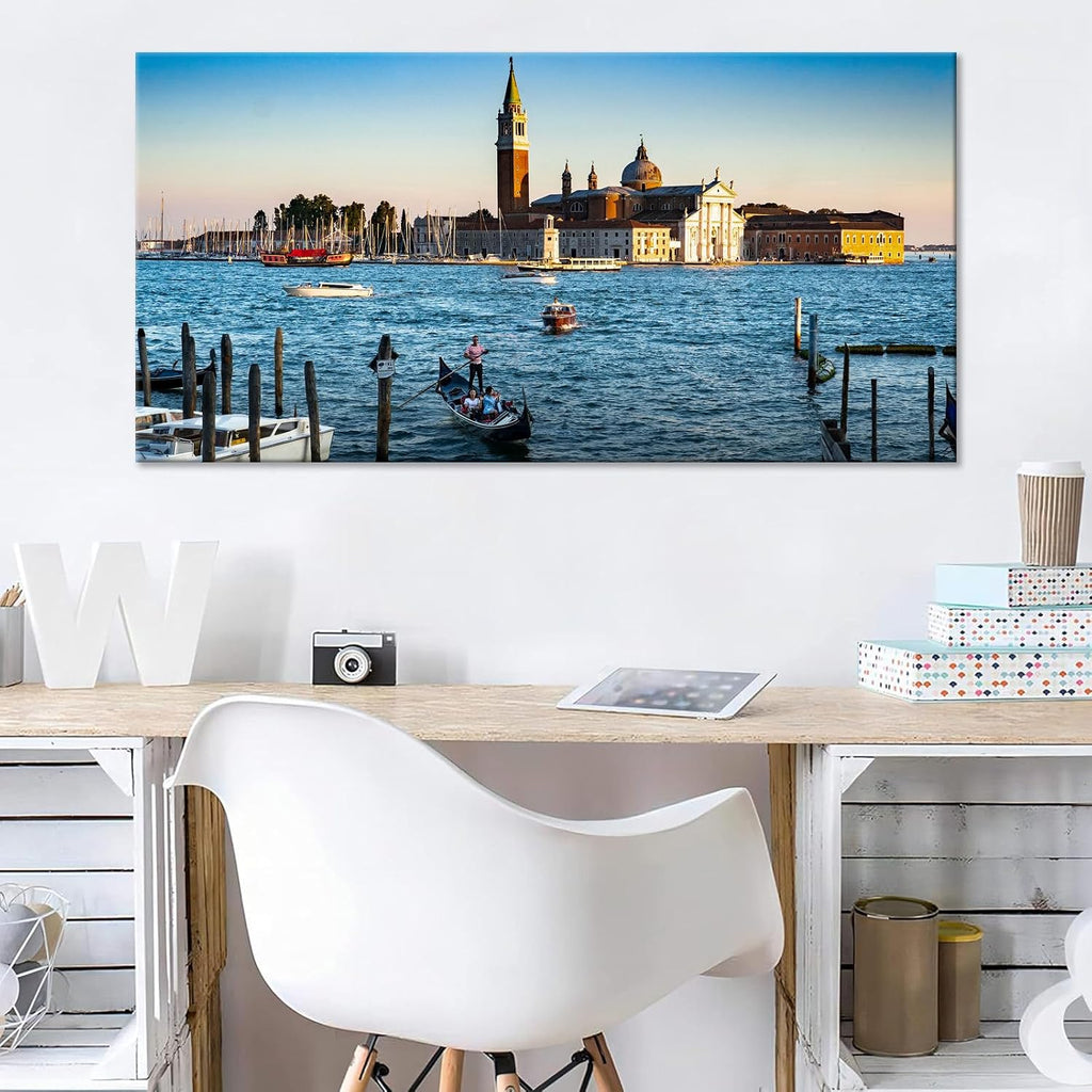 Large Venice Gondola Lagoon Sunset Landscape Wall Art Italian San Giorgio Maggiore Cityscape Canvas Prints Posters European Romantic Travel Relaxing Home Decor Artwork for Bedroom 24x48inch Framed