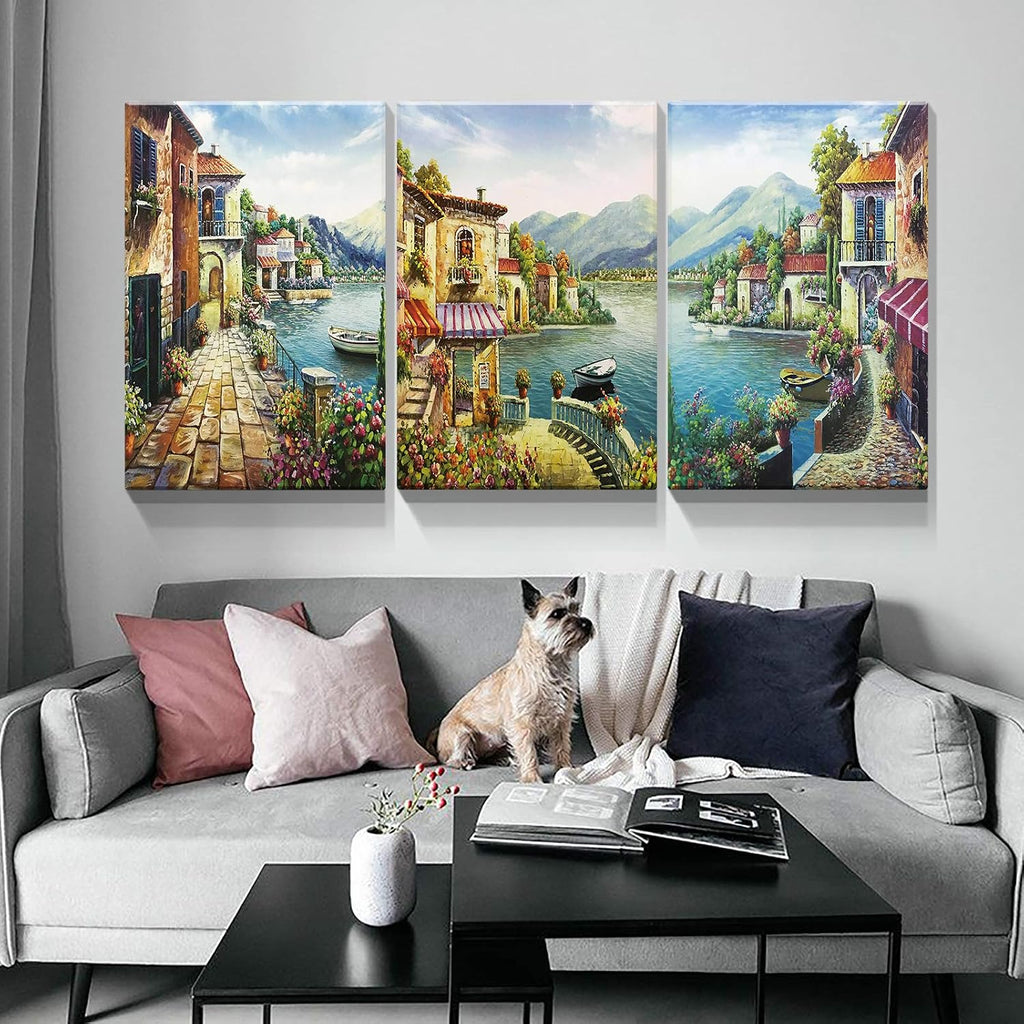 Denozer 3 Piece Canvas Wall Art - European Town Canvas Wall Art - Coastal Flower Garden Artwork Painting Reproduction Print for Office Gallery Wrapped Ready to Hang (30'x40' x 3 Panel)