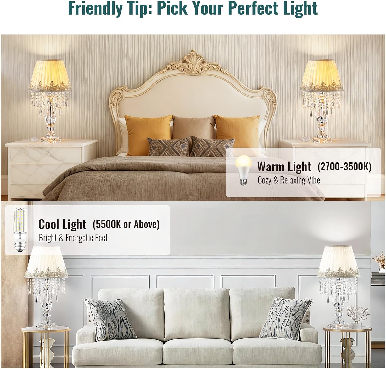 Siljoy Crystal Table Lamp Set of 2, 22.8'' Tall Modern Crystal Bedside Table Lamp, Farmhouse Dimmable Nightstand Lamp with Raindrop K9 Crystals for Living Room Dining Room Bedroom