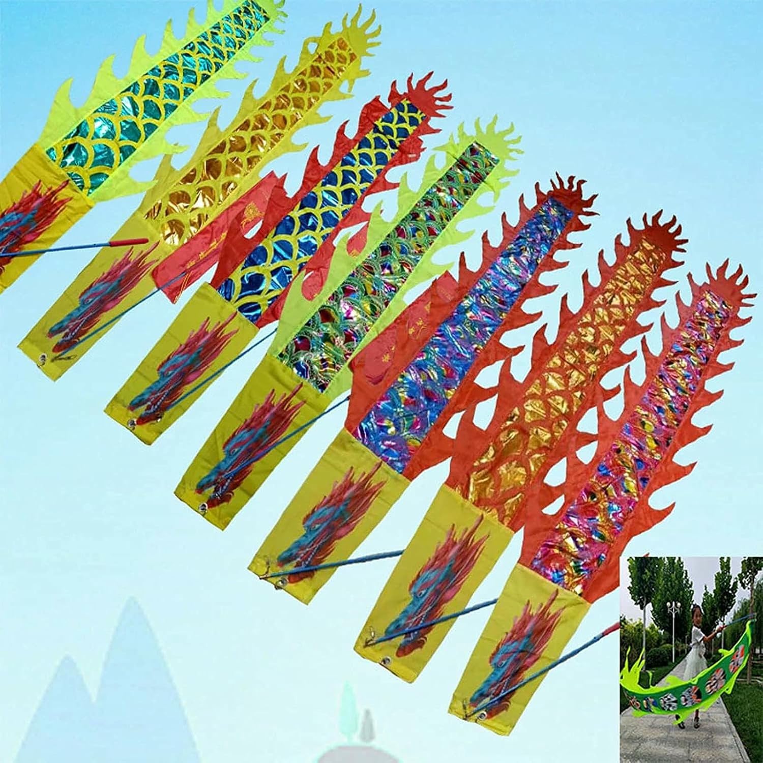 Chinese Silk Dragon Dance 3D Dragon and Lion Dance Props Dragon Ribbon Streamer Rod+Silk Cloth 3D Dragon Ribbon Streamer