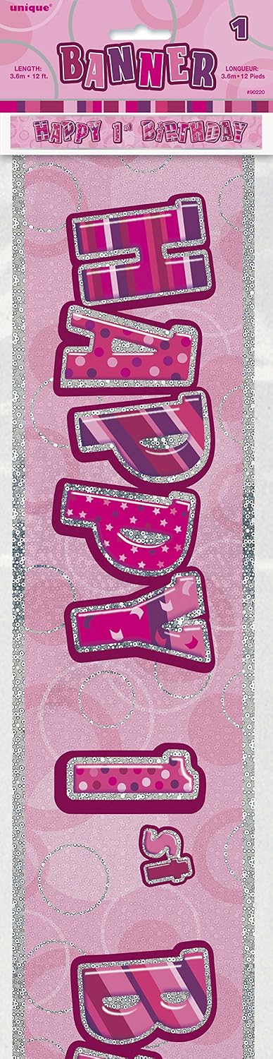 Unique Party 90220-12ft Foil Glitz Pink 1st Birthday Banner