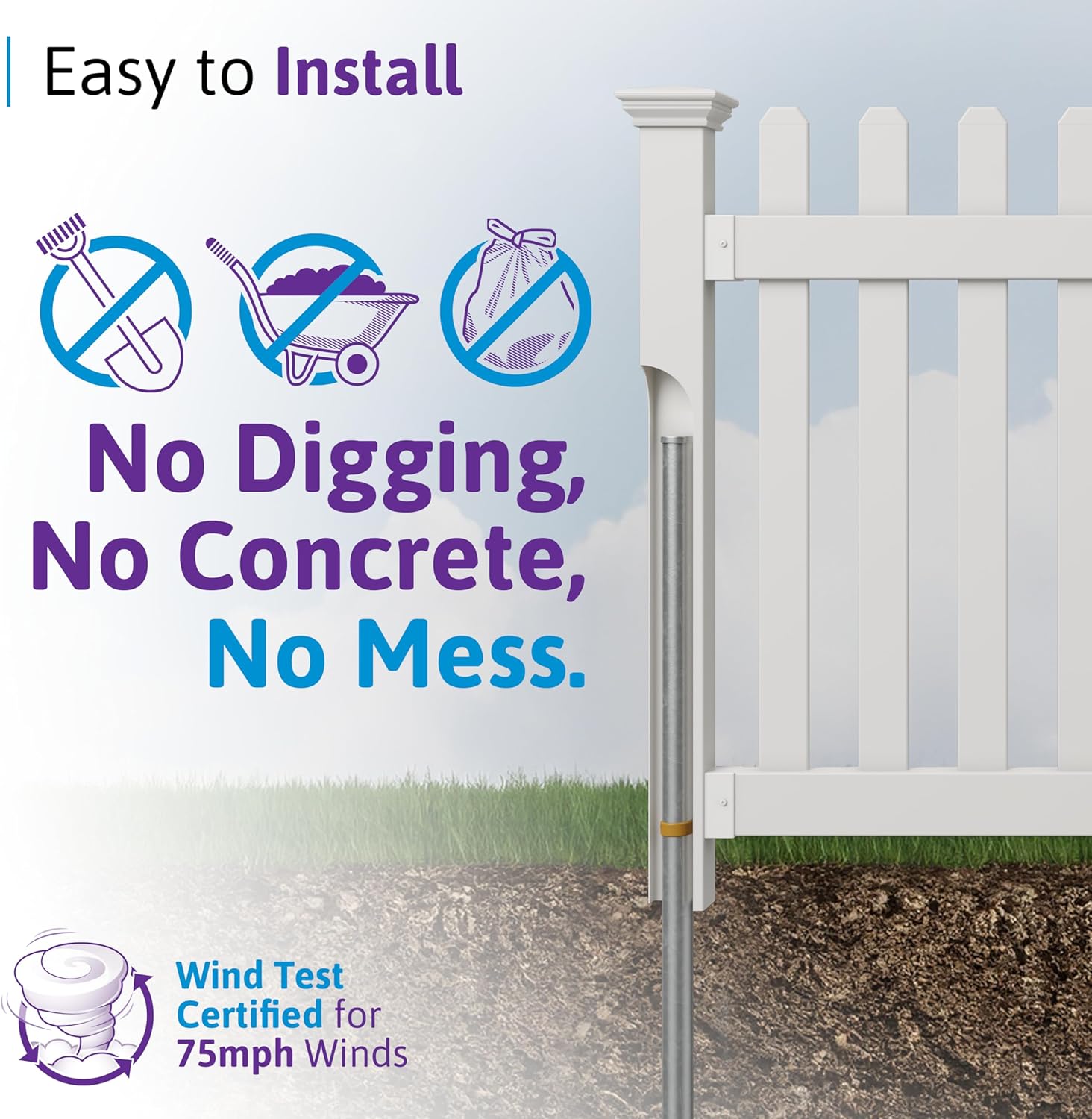 3.5ft H x 6ft W (1 Panel + 1 Post) No Dig WamBam All American Flat Top Fence Kit, White Vinyl Picket Fence, Easy Install Outdoor Barrier for Backyard or Patio, DIY Decorative Garden Border, ZP19084