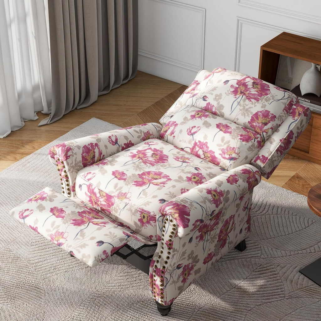 Floral Pushback Recliner Chairs Set of 2, Fabric Overstuffed Armchair Push Back Accent Chair for Living Room, Rivet Trim Club Chair Home Theater Single Sofa Bedroom Reading Seat