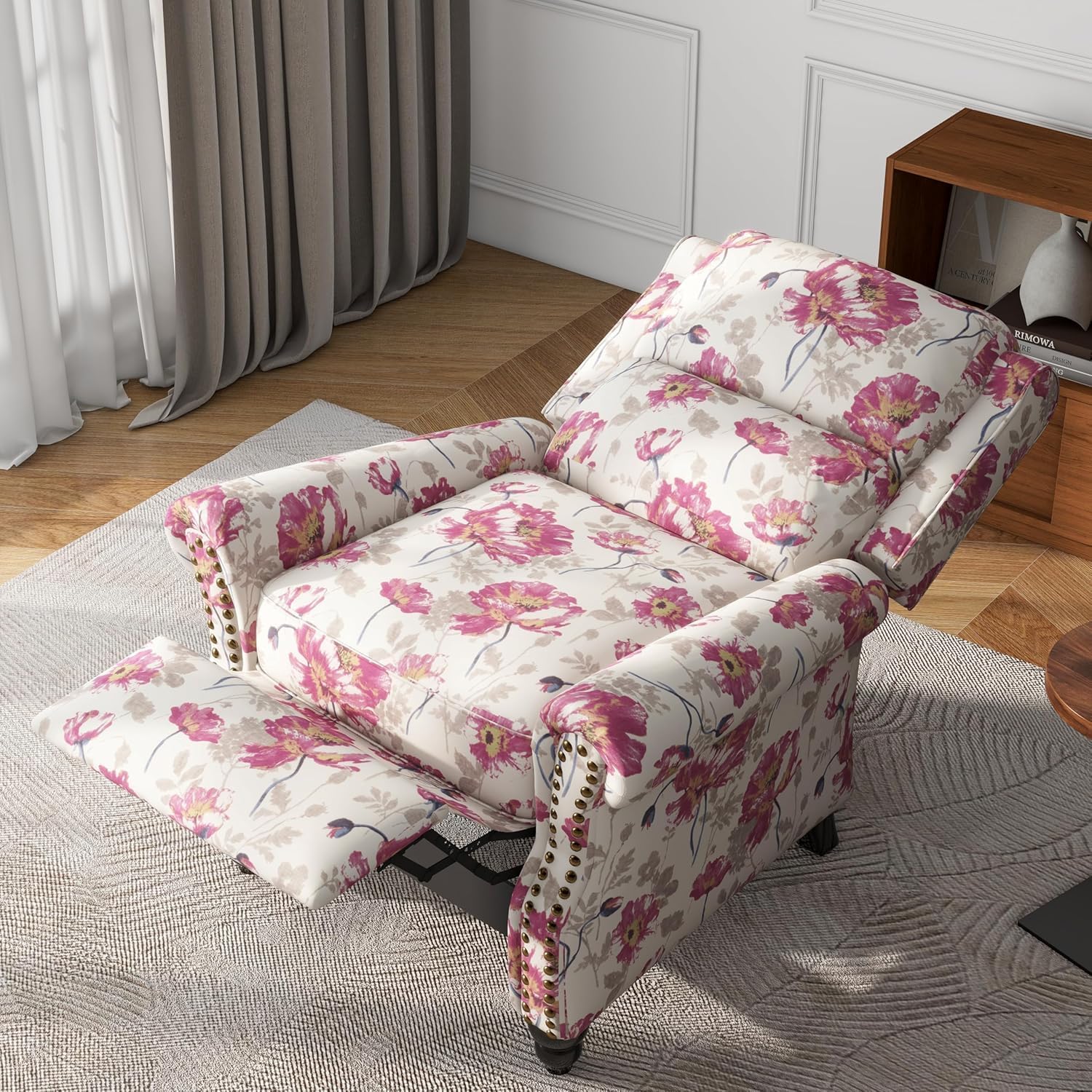 Floral Pushback Recliner Chairs Set of 2, Fabric Overstuffed Armchair Push Back Accent Chair for Living Room, Rivet Trim Club Chair Home Theater Single Sofa Bedroom Reading Seat