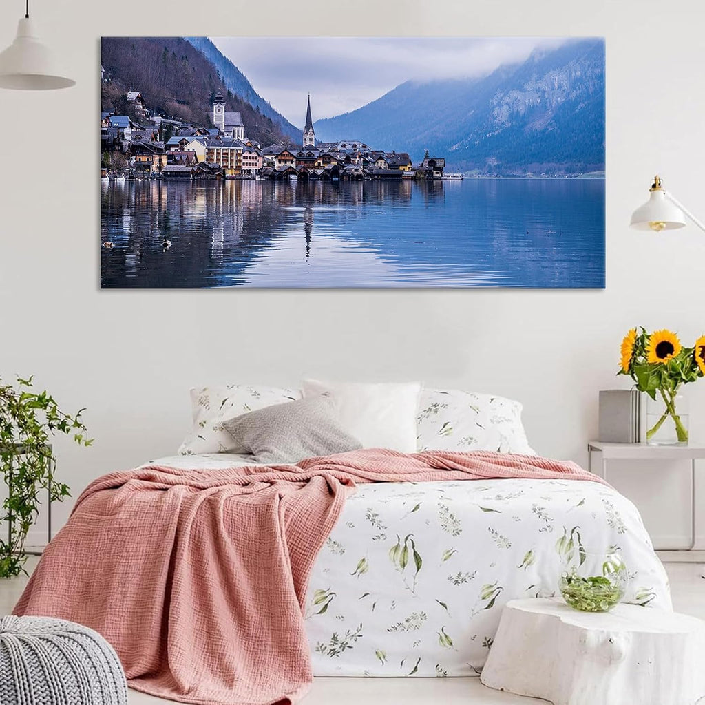 Large European Hallstatt Alpine Village Wall Art Austrian Lakeside Town Canvas Print Misty Mountain Landscape Posters Reflected Houses Travel Home Decor Artwork for Living Room 20x40inch Framed