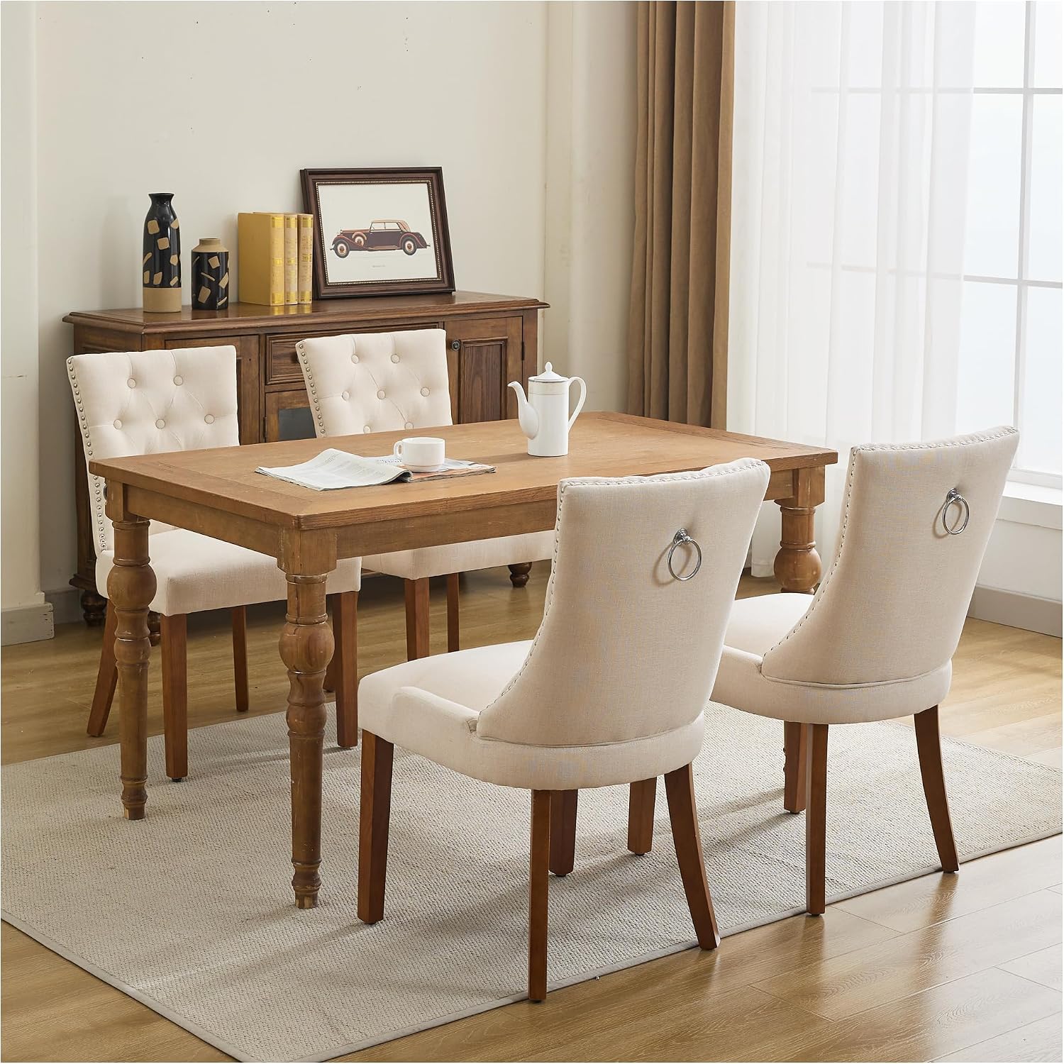 adochr Dining Chairs Set of 4, Modern Mid Century Kitchen Chairs with Wooden Legs & Linen Fabric Back, Dining Room Chairs with Pull Rings & Nailhead Trim, Beige