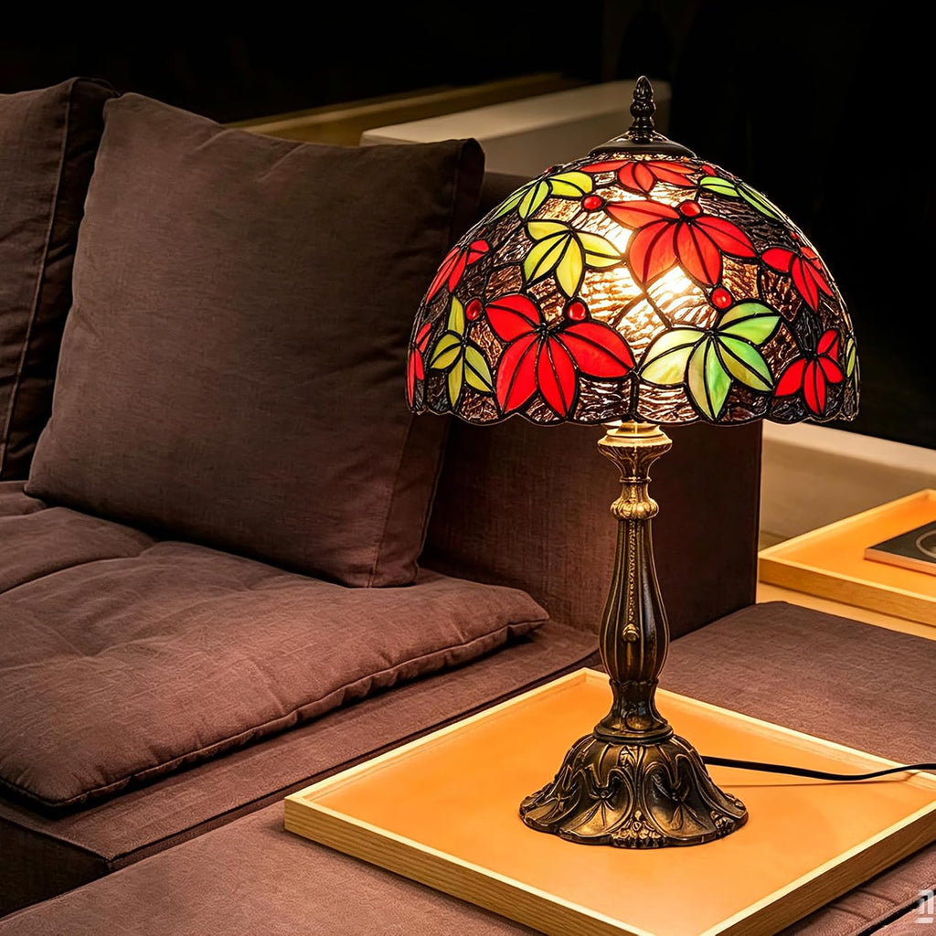 Tiffany Style Table Lamp, 12 Inch Stained Glass Bedside with Red Green Maple Leaf Design Vintage Handcrafted Nightstand Lamp for Reading Living Room Bedroom Office
