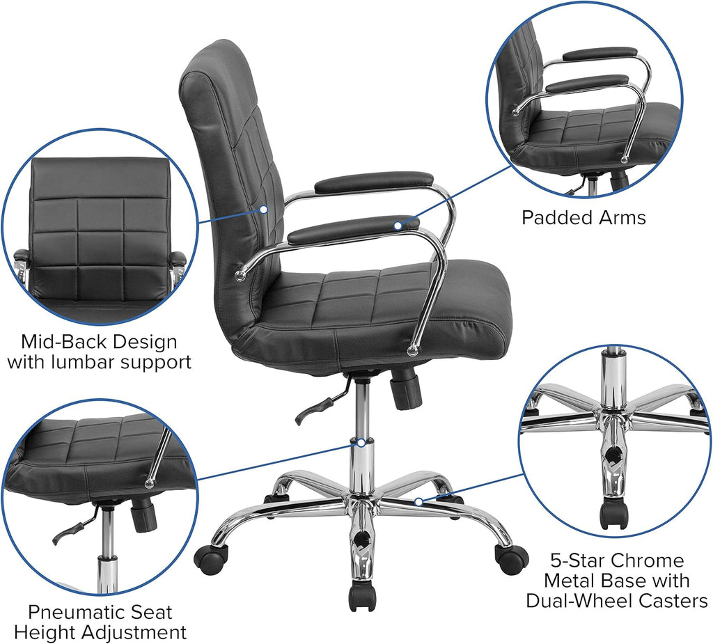 Flash Furniture Vivian Mid-Back Swivel Vinyl Upholstered Desk Chair with Padded Seat and Armrests, Adjustable Height Padded Office Chair, Black/Chrome