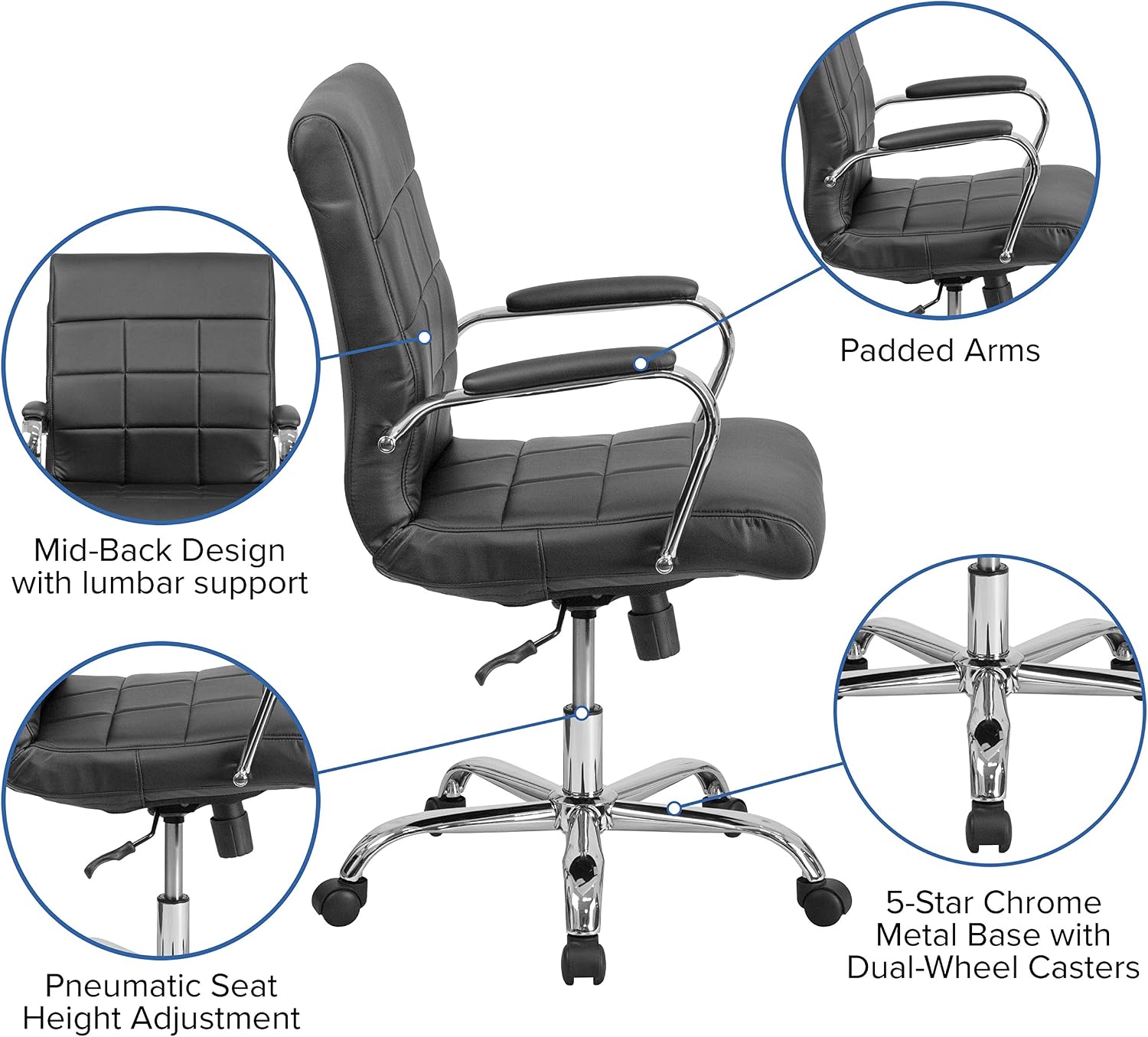 Flash Furniture Vivian Mid-Back Swivel Vinyl Upholstered Desk Chair with Padded Seat and Armrests, Adjustable Height Padded Office Chair, Black/Chrome