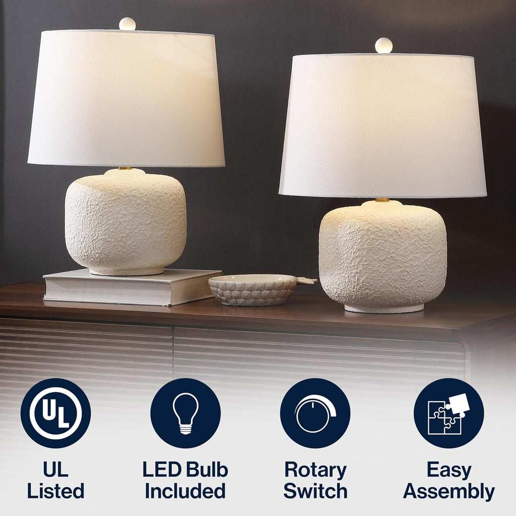 JONATHAN Y 20' Antique White Textured Resin Table Lamp Set of 2 for Bedroom, Coastal Farmhouse Nightstand Lamps for Living Room, White Linen Shade, LED Bulbs Included JYL9208A-SET2