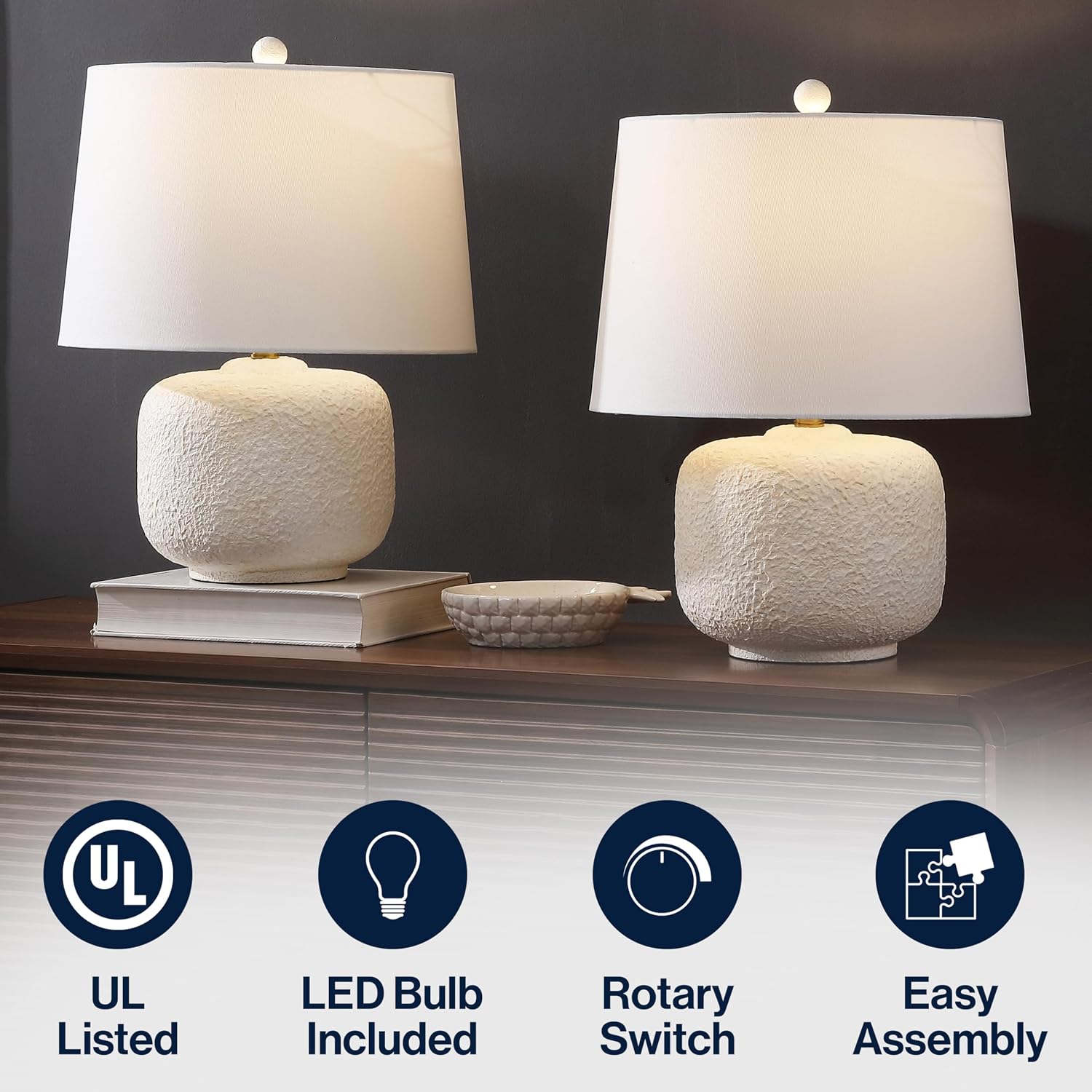 JONATHAN Y 20' Antique White Textured Resin Table Lamp Set of 2 for Bedroom, Coastal Farmhouse Nightstand Lamps for Living Room, White Linen Shade, LED Bulbs Included JYL9208A-SET2