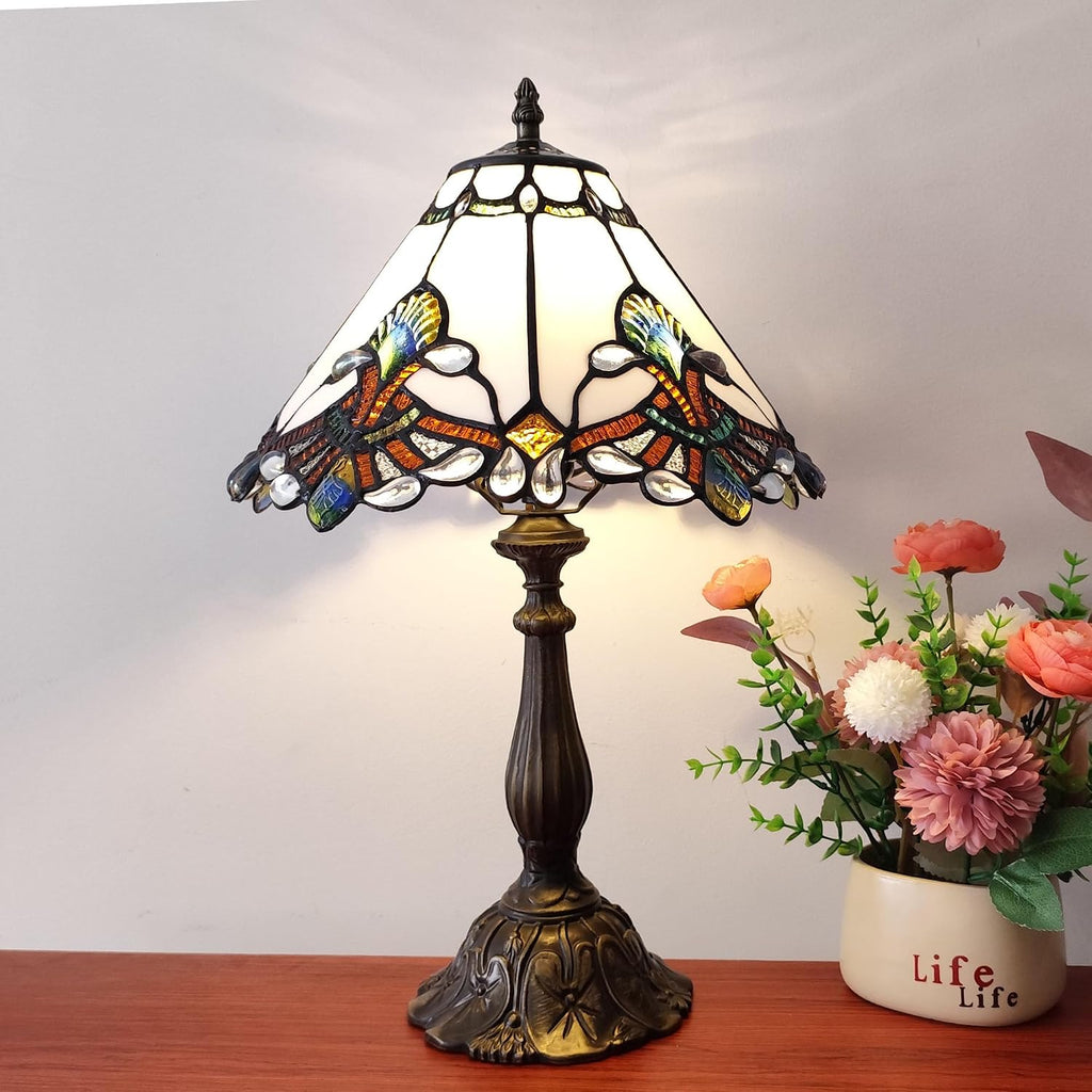 Tiffany Lamp White Baroque Style Stained Glass Lamp 12X12X19 inch Vintage Bedroom Table lamp 3-Way Tiffany Style Reading Desk Light for Home Living Room Office Include Light Bulb
