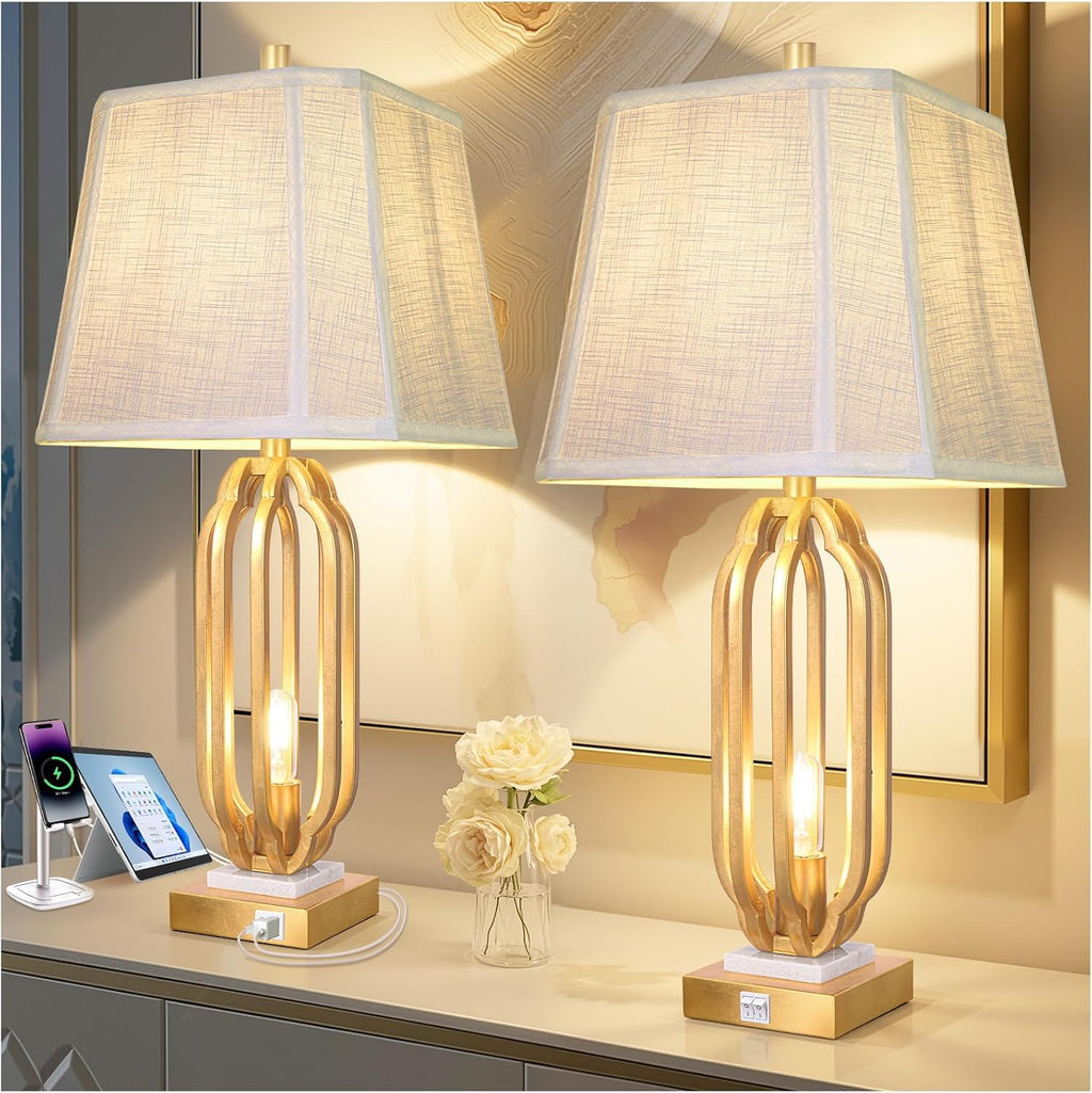28' Iron Art Table Lamp Set of 2 for Living Room, Modern Gold Leaf Desk Lamps with Nightlight and 2 USB Charging Ports, Farmhouse Bedside Lamp for Bedroom Nightstand, 3 Way Dimmable Bulb Included