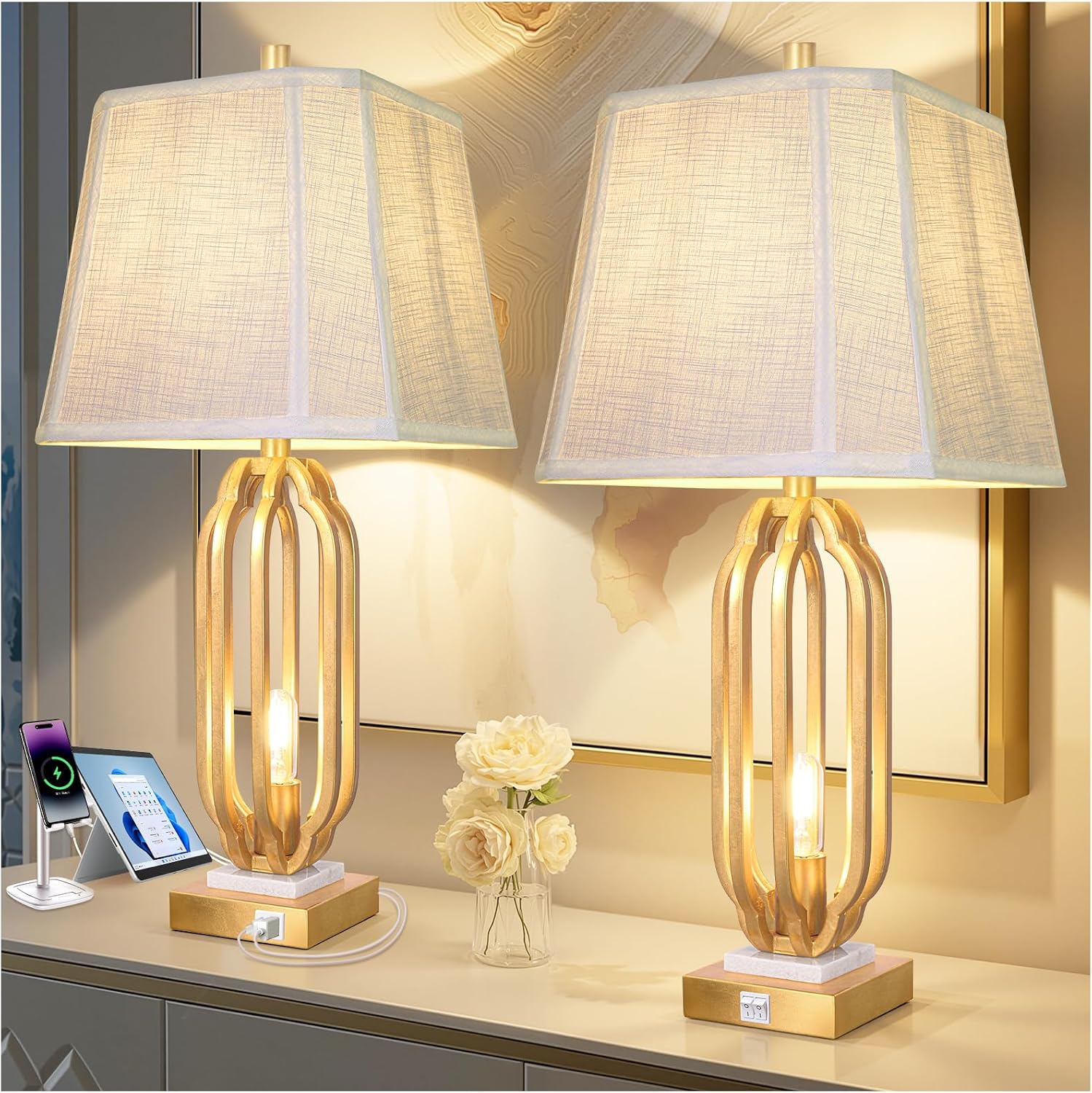 28' Iron Art Table Lamp Set of 2 for Living Room, Modern Gold Leaf Desk Lamps with Nightlight and 2 USB Charging Ports, Farmhouse Bedside Lamp for Bedroom Nightstand, 3 Way Dimmable Bulb Included