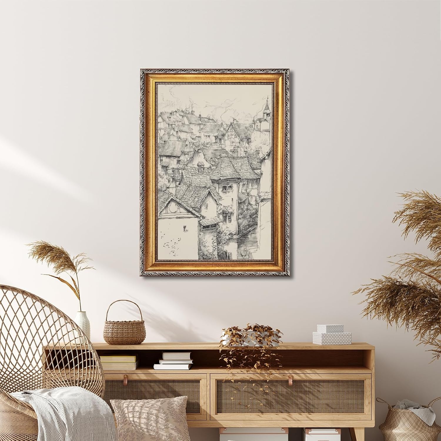 Large Gold Framed European Old Town Sketch Canvas Wall Art Vintage Medieval Village Architecture Poster French Cityscape Rustic Travel Art Painting Prints Artwork Farmhouse Home Decor 24x36inch